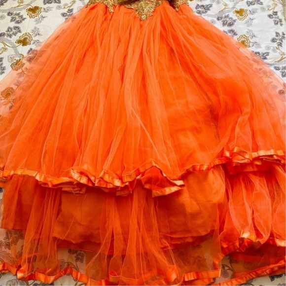 Pakistani Indian wedding party gown 3 PCs suit orange small eid outfit - Picture 11 of 16